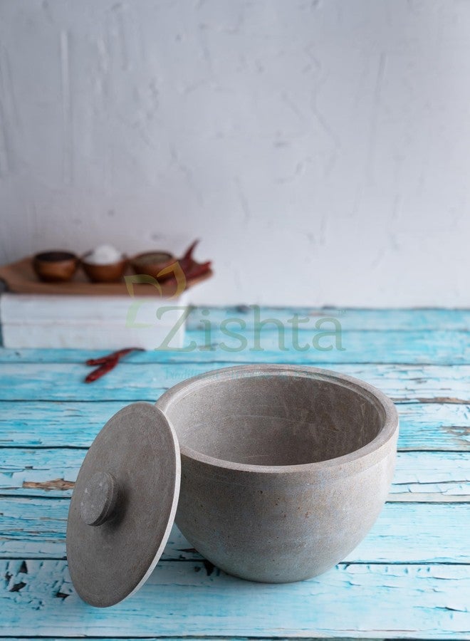 Zishta Soapstone Traditional Storage Container with Lid - Medium | Curd Pot with Lid | Salt Yoghourt Curd Storing Pickle Tamarind Storing (Dia: 12.7cm, Cap: 0.65-0.75L, 1.5 Kg) - Image 2
